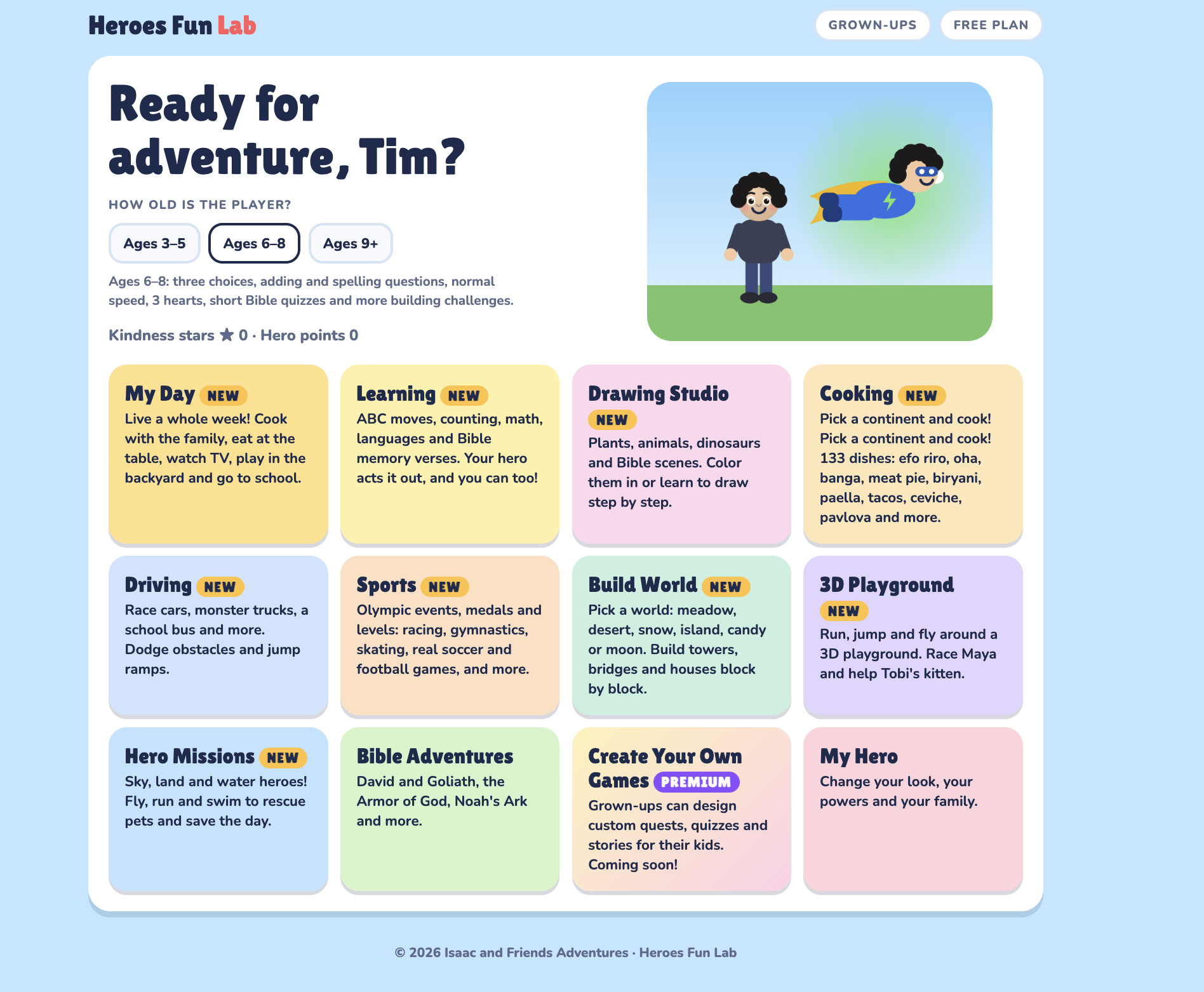 Heroes Fun Lab home screen showing activities for different age groups