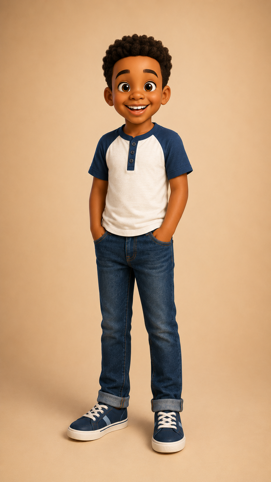 Isaac, smiling in a blue and white shirt