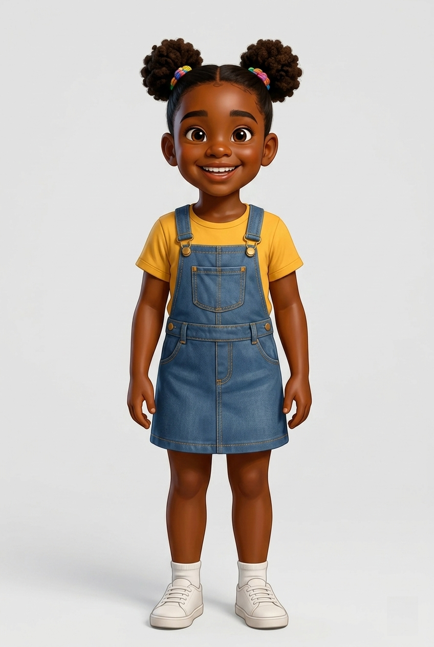 Tope, smiling in denim overalls